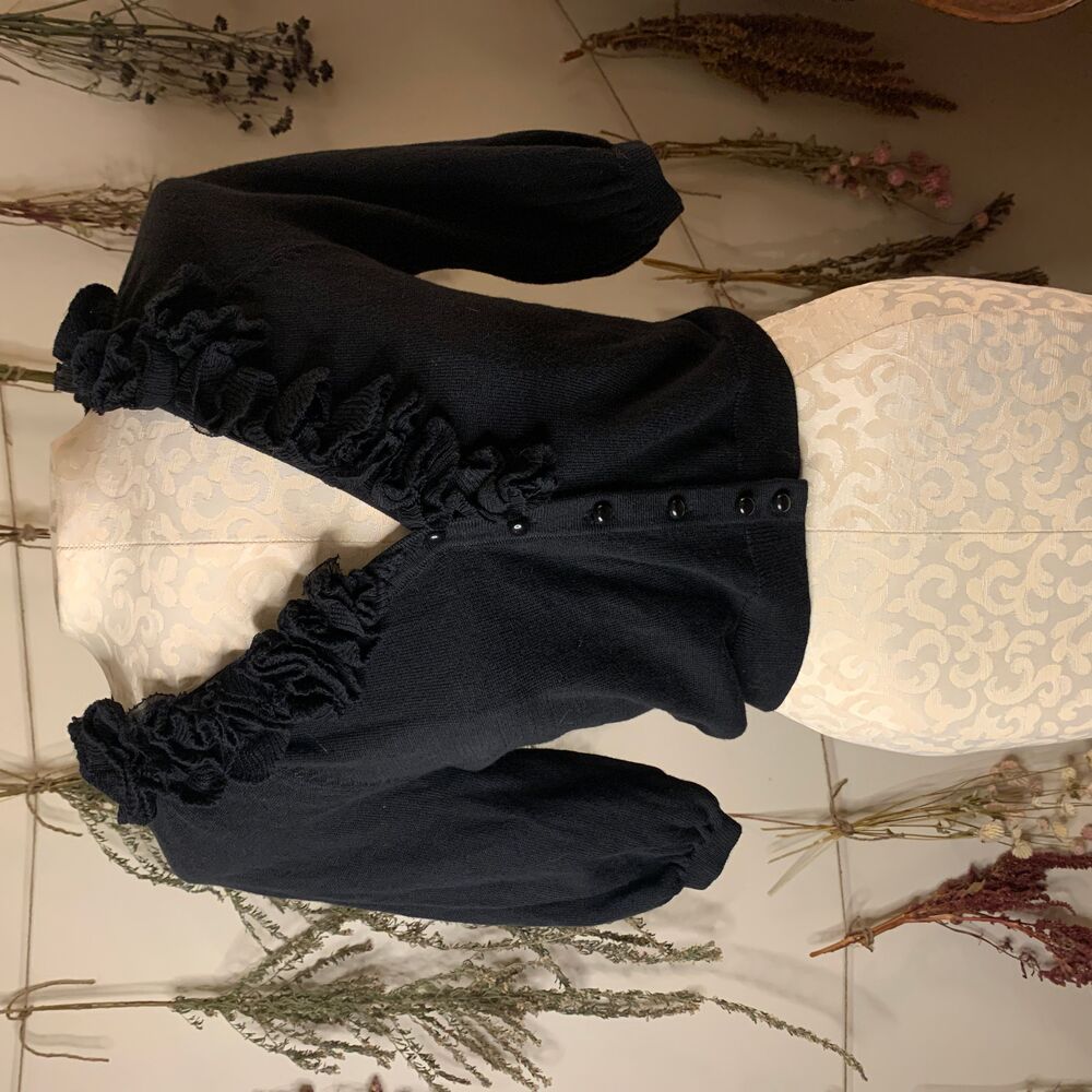 Madison Black Cropped Cardigan With Silk Trim Puff Sleeves Small